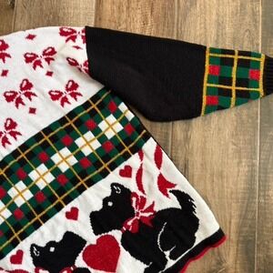 JJ Browne‎ USA Vintage Holiday Scottie Dog Bow Plaid Knit Sweater, Black Red, PL